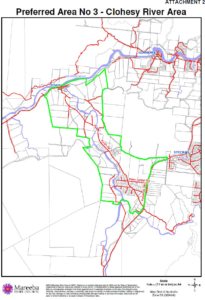 Green outline shows preferred area No 3, which covers the whole of Koah past the Koah service station down to the Barron river